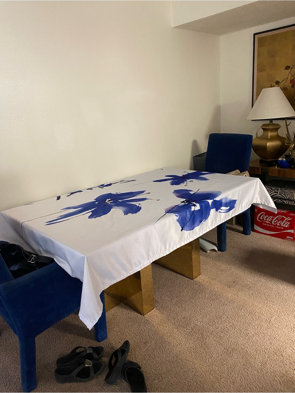 Ambesonne White Tablecloth with Bold Blue Oriental Watercolor Inspired artwork,